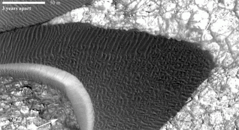 Back-and-forth blinking of this two-image animation shows movement of a sand dune on Mars. The images are part of a study published by Nature on May 9th, 2012, reporting movement of Martian sand dunes at about the same flux (volume per time) as movement of dunes in Antarctica on Earth. (Image credit: NASA/JPL-Caltech/Univ. of Arizona/JHU-APL)