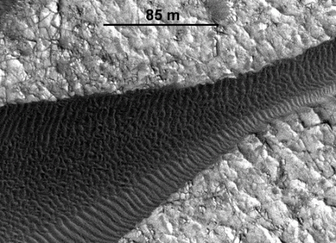 Back-and-forth blinking of this two-image animation shows movement of ripples covering a sand dune on Mars. The images are part of a study published by Nature on May 9th, 2012, reporting movement of Martian sand dunes at about the same flux (volume per time) as movement of dunes in Antarctica on Earth. (Image credit: NASA/JPL-Caltech/Univ. of Arizona/JHU-APL)