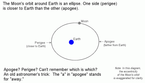 Perigee is the point in the Moon's elliptical orbit closest to Earth. Diagram #2. Perigee is the point in the Moon's elliptical orbit closest to Earth. Diagram #2.