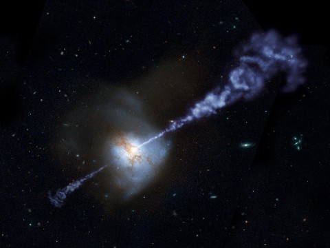 This artistically modified image of the local galaxy Arp 220, captured by the Hubble Space Telescope, helps illustrate the Herschel results. The bright core of the galaxy, paired with an overlaid artist's impression of jets emanating from it, indicate that the central black hole's activity is intensifying. As the active black hole continues to rev up, the rate of star formation will, in turn, be tamped down in the galaxy. (Image credit: NASA/JPL-Caltech) This artistically modified image of the local galaxy Arp 220, captured by the Hubble Space Telescope, helps illustrate the Herschel results. The bright core of the galaxy, paired with an overlaid artist's impression of jets emanating from it, indicate that the central black hole's activity is intensifying. As the active black hole continues to rev up, the rate of star formation will, in turn, be tamped down in the galaxy. (Image credit: NASA/JPL-Caltech)