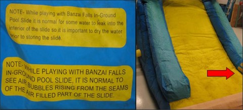 Banzai Inflatable Pool Slides warning label.