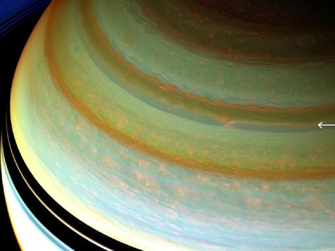 A particularly strong jet stream churns through Saturn's northern hemisphere in this false-color view from NASA's Cassini spacecraft. (Image Credit: NASA/JPL-Caltech/SSI)