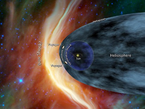 This artist's concept shows NASA's two Voyager spacecraft exploring a turbulent region of space known as the heliosheath, the outer shell of the bubble of charged particles around our sun. (Image credit: NASA/JPL-Caltech)