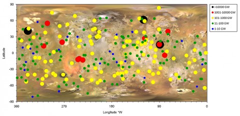 Thermal emission from erupting volcanoes on the jovian moon, Io. A logarithmic scale is used to classify volcanoes on the basis of thermal emission: the larger the spot, the larger the thermal emission. (Image credit: NASA/JPL-Caltech/Bear Fight Institute) Thermal emission from erupting volcanoes on the jovian moon, Io. A logarithmic scale is used to classify volcanoes on the basis of thermal emission: the larger the spot, the larger the thermal emission. (Image credit: NASA/JPL-Caltech/Bear Fight Institute)