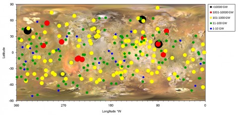 Thermal emission from erupting volcanoes on the jovian moon, Io. A logarithmic scale is used to classify volcanoes on the basis of thermal emission: the larger the spot, the larger the thermal emission. (Image credit: NASA/JPL-Caltech/Bear Fight Institute)