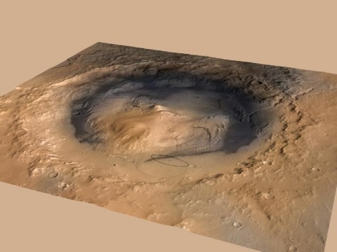 A June 2012 revision of the landing target area for Curiosity, the big rover of NASA's Mars Science Laboratory mission, reduces the area's size. It also puts the center of the landing area closer to Mount Sharp, which bears geological layers that are the mission's prime destination. (Image Credit: NASA/JPL-Caltech/ESA/DLR/FU Berlin/MSSS)