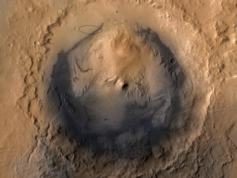 As of June 2012, the target landing area for NASA's Mars Science Laboratory mission is the ellipse marked on this image of Gale Crater. The ellipse is about 12 miles long and 4 miles wide (20 kilometers by 7 kilometers). (Image Credit: NASA/JPL-Caltech/ESA/DLR/FU Berlin/MSSS)