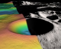Elevation (left) and shaded relief (right) image of Shackleton, a 21-km-diameter (12.5-mile-diameter) permanently shadowed crater adjacent to the lunar south pole. The structure of the crater’s interior was revealed by a digital elevation model constructed from over 5 million elevation measurements from the Lunar Orbiter Laser Altimeter. (Credit: NASA/Zuber, M.T. et al., Nature, 2012)