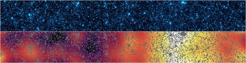Astronomers have uncovered patterns of light that appear to be from the first stars and galaxies that formed in the universe. The light patterns were hidden within a strip of sky observed by NASA's Spitzer Space Telescope. (Image credit: NASA/JPL-Caltech/GSFC)