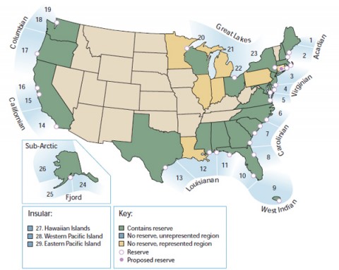 The National Estuarine Research Reserve System line Bioregions Map National Estuarine Research Reserve System Bioregions Map 