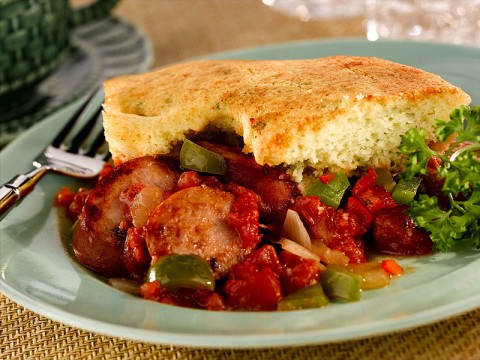 Sausage Jambalaya Cornbread Pie