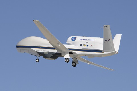 NASA's Global Hawk soars aloft from Edwards Air Force Base, Calif. The NASA Global Hawk is well-suited for hurricane investigations because it can over-fly hurricanes at altitudes greater than 60,000 feet with flight durations of up to 28 hours - something piloted aircraft would find nearly impossible to do. (Credit: NASA/Tony Landis)