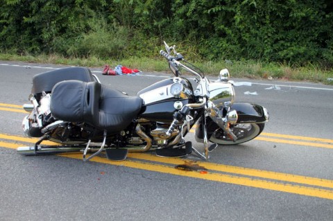 Harley motorcycle involved in a vehicle crash Friday morning. (Photo by CPD-Jim Knoll)