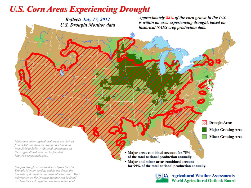 Approximately 88% of the corn grown in the U.S. is within an area experiencing drought, based on historical NASS crop production data. (Click to enlarge map)