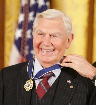 President George W. Bush presents the Presidential Medal of Freedom to actor Andy Griffith, one of 14 recipients of the 2005 Presidential Medal of Freedom, awarded Wednesday, Nov. 9th, 2005 in the East Room. (White House photo by Paul Morse)
