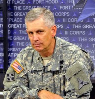 Lt. Gen. Don Campbell Jr., III Corps and Fort Hood commanding general, listens to a reporter’s question during a press conference June 18th, 2012, in the Phantom Warrior Studio in III Corps Headquarters at Fort Hood, Texas. Cambell spoke with Central Texas reporters about the corps’ Warfighter Exercise. (Photo Credit: Dave Larsen, III Corps Public Affairs)