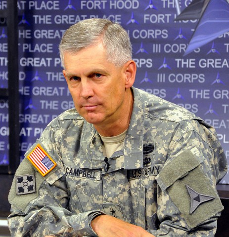 Lt. Gen. Don Campbell Jr., III Corps and Fort Hood commanding general, listens to a reporter's question during a press conference June 18th, 2012, in the Phantom Warrior Studio in III Corps Headquarters at Fort Hood, Texas. Cambell spoke with Central Texas reporters about the corps' Warfighter Exercise. (Photo Credit: Dave Larsen, III Corps Public Affairs)