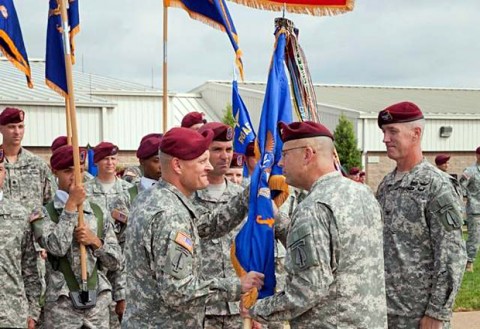 Col. John R. Evans (left) accepts the 160th Special Operations Aviation Regiment Colors from Col. Clayton M. Hutmacher, U.S. Army Special Operations Aviation Command Commanding General, as he assumed command from Col. John W. Thompson during a ceremony at Fort Campbell, KY, on Friday. (U.S. Army Photo) Col. John R. Evans (left) accepts the 160th Special Operations Aviation Regiment Colors from Col. Clayton M. Hutmacher, U.S. Army Special Operations Aviation Command Commanding General, as he assumed command from Col. John W. Thompson during a ceremony at Fort Campbell, KY, on Friday. (U.S. Army Photo)