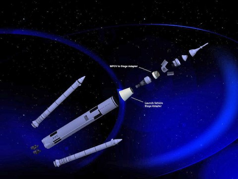 Expanded view of an artist rendering of the 70 metric ton configuration of NASA's Space Launch System. (NASA/MSFC) 