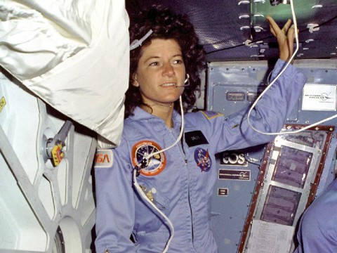 Ride floats on the shuttle Challenger's mid-deck during her historic STS-7 flight in 1983. )Credit: NASA) Ride floats on the shuttle Challenger's mid-deck during her historic STS-7 flight in 1983. )Credit: NASA)