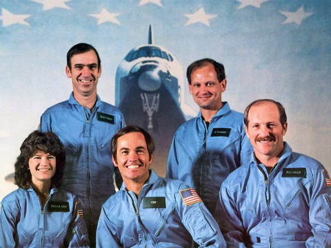 STS-7 Challenger Crew - Ride, front row, left, with her STS-7 crewmates. In addition to launching America's first female astronaut, it was also the first mission with a five-member crew. Front row, left to right: Ride, Commander Bob Crippen, Pilot Frederick Hauck. Back row, left to right: John Fabian, Norm Thagard. (Image Credit: NASA) STS-7 Challenger Crew - Ride, front row, left, with her STS-7 crewmates. In addition to launching America's first female astronaut, it was also the first mission with a five-member crew. Front row, left to right: Ride, Commander Bob Crippen, Pilot Frederick Hauck. Back row, left to right: John Fabian, Norm Thagard. (Image Credit: NASA)