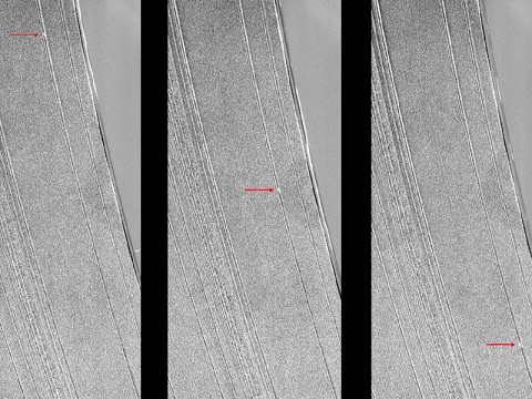 These three Cassini images show a propeller-shaped structure created by an unseen moon in Saturn's A ring. (Image credit: NASA/JPL-Caltech/SSI/Cornell.)