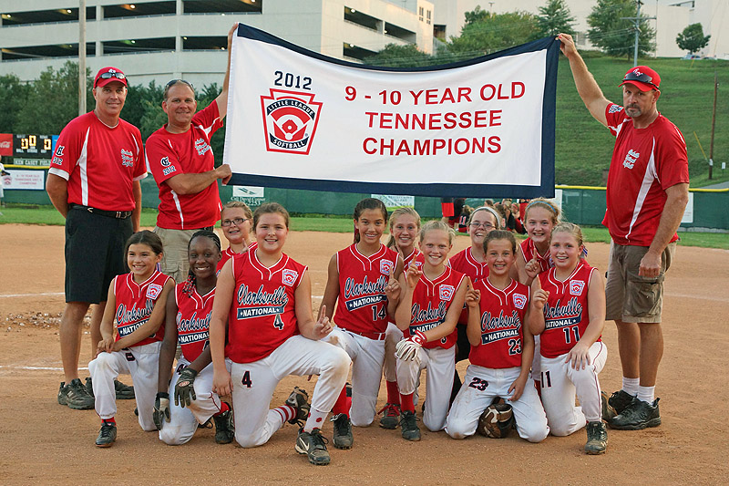 The 9-10 State Softball Champions Clarksville National “Red Bulls” Team members: Madisen Blackwell, Sorina Gantt, Madison Rios, Shelby Gibson, Kallie Robertson, Molly Goins, Kylie Moorefield, Taylor Adkins, Madison Haught, Kalia Vance and Kayla Vanzant. Coaches- Mike Blackwell, Doyle Robertson and Drew Goins.