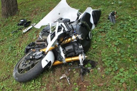 Yamaha Motorcycle fails to make turn, went off the road and hits a cement culvert killing the rider. (Photo by Jim Knoll-CPD)