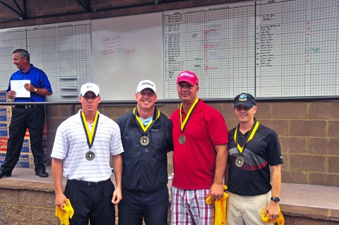 The Strike Brigade’s Team Two poses with their gold medals at Fort Campbell’s Cole Park Commons after winning the Week of the Eagles Legacy Golf Tournament, Aug 13. The tournament hosted 36 teams of four in a best-ball style competition. Strike Team 2 finished with a 14-under par, while Strike’s Team 1 finished 1st place in the 4th flight with 4 under par. (U.S. Army photo by Sgt. Jason Ross, 2nd BCT PAO, 101st Abn. Div.)