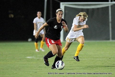 Austin Peay Soccer's Junior Morgan Zigelsky makes a break on the ball against Lipscomb Tuesday night.