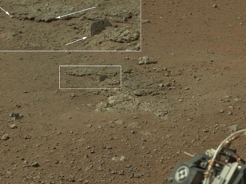 This color image from NASA's Curiosity rover shows an area excavated by the blast of the Mars Science Laboratory's descent stage rocket engines. (Image credit: NASA/JPL-Caltech/MSSS)
