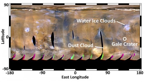 This global map of Mars was acquired on August 2nd, 2012, by the Mars Color Imager instrument on NASA's Mars Reconnaissance Orbiter. One global map is generated each day to forecast weather conditions for the entry, descent and landing of NASA's Curiosity rover. The active dust storm observed south of Curiosity's landing site on July 31st has dissipated, leaving behind a dust cloud that will not pose a threat to the landing. (Image credit: NASA/JPL-Caltech/MSSS) This global map of Mars was acquired on August 2nd, 2012, by the Mars Color Imager instrument on NASA's Mars Reconnaissance Orbiter. One global map is generated each day to forecast weather conditions for the entry, descent and landing of NASA's Curiosity rover. The active dust storm observed south of Curiosity's landing site on July 31st has dissipated, leaving behind a dust cloud that will not pose a threat to the landing. (Image credit: NASA/JPL-Caltech/MSSS)