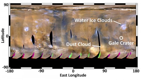 This global map of Mars was acquired on August 2nd, 2012, by the Mars Color Imager instrument on NASA's Mars Reconnaissance Orbiter. One global map is generated each day to forecast weather conditions for the entry, descent and landing of NASA's Curiosity rover. The active dust storm observed south of Curiosity's landing site on July 31st has dissipated, leaving behind a dust cloud that will not pose a threat to the landing. (Image credit: NASA/JPL-Caltech/MSSS)