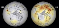 Comparison of noctilucent cloud coverage in 1880 versus 1990. They have increased over time. (Credit: NASA)