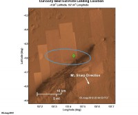 The green diamond shows approximately where NASA’s Curiosity rover landed on Mars, a region about 2 kilometers northeast of its target in the center of the estimated landing region (blue ellipse)