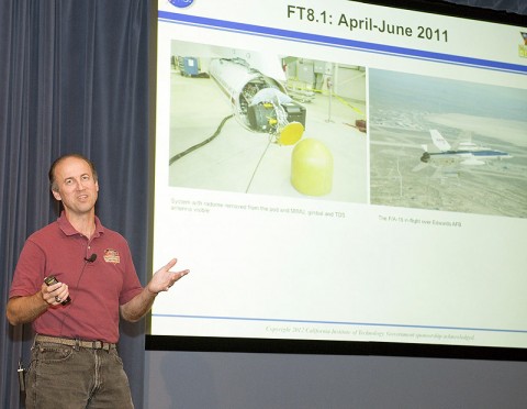 Jim Montgomery, JPL's field test lead for the Mars Science Laboratory's Terminal Descent Sensor landing radar, outlined flight tests of the system housed in a Quick-Test Experimental Pod on one of NASA Dryden's F/A-18 aircraft during the spring of 2011. (NASA / Tom Tschida)