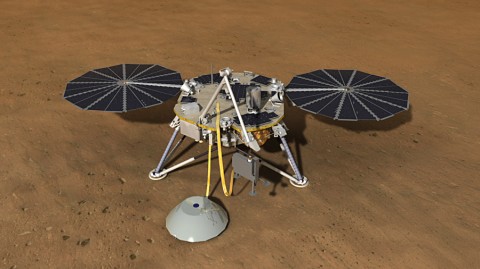 This artist's rendition depicts the InSight spacecraft deploying its seismometer and heat flow experiments on Mars. (Image credit: NASA/JPL-Caltech)