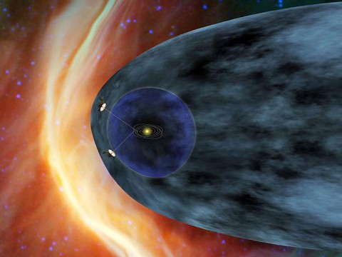 This artist's concept shows NASA's two Voyager spacecraft exploring a turbulent region of space known as the heliosheath, the outer shell of the bubble of charged particles around our sun. (Image credit: NASA/JPL-Caltech)