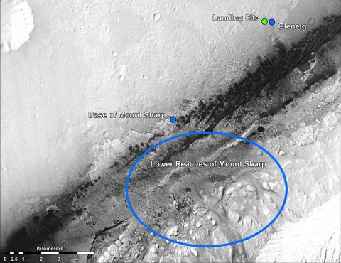 This image shows destinations scientists want the rover to investigate. First, Curiosity will move toward an area nicknamed Glenelg where three kinds of terrain intersect. The science team thought the name Glenelg was appropriate because, if Curiosity traveled there, it would visit it twice -- both coming and going -- and the word Glenelg is a palindrome. Then, Curiosity will aim for the base of Mt. Sharp where a natural break in the dunes should allow the rover to begin scaling the lower reaches of the mountain. 