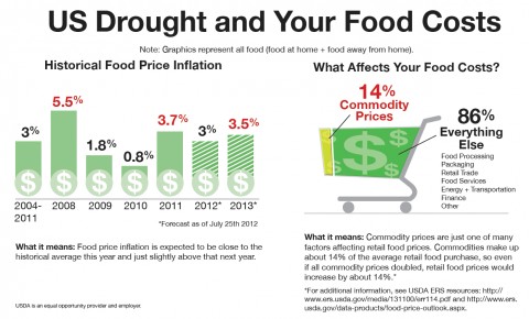 This info graphic demonstrate how the current drought, or any event that affects prices for raw farm commodities, ultimately has a marginal effect on what we pay at the grocery or restaurant. The info graphic is based on data from the USDA Economic Research Service's analysis of retail food prices and the food dollar, or all the factors that affect what we pay for food. (Click to enlarge)