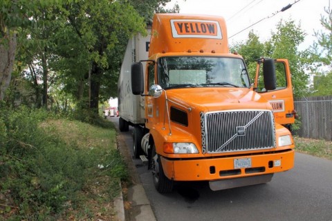 Transformer falls through roof of Tractor Trailer when utility pole is hit. (Photo by CPD-Jim Knoll)