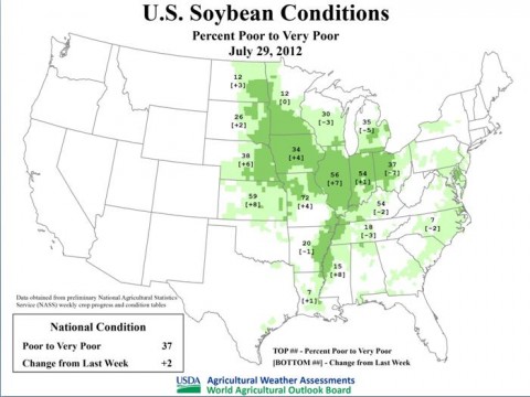 Agricultural Weather Assessment - U.S. Soybean Conditions as of July 29, 2012. Click to enlarge image