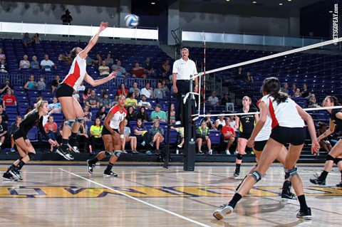 Austin Peay Womens Volleyball's Nikki Doyle striking for one of her season-high 23 kills during the match. (Courtesy: Brittney Sparn/APSU Sports Information)