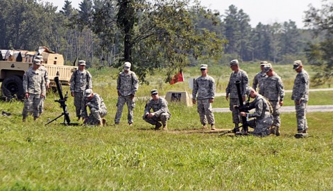 Soldiers from Battery A, 2nd Battalion, 320th Field Artillery Regiment, 1st Brigade Combat Team, 101st Airborne Division, train on 81 mm mortar guns, Sept. 5th, at Observation Point 3 here. (Photo by Sgt. Jon Heinrich)