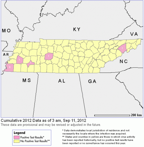 There have been 10 cases of West Nile Virus in Tennessee in 2012. There There have been 10 cases of West Nile Virus in Tennessee in 2012.