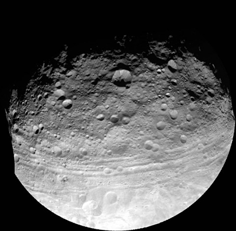 This full view of the giant asteroid Vesta was taken by NASA's Dawn spacecraft, as part of a rotation characterization sequence on July 24, 2011, at a distance of 3,200 miles (5,200 kilometers). A rotation characterization sequence helps the scientists and engineers by giving an initial overview of the character of the surface as Vesta rotated underneath the spacecraft. (Image credit: NASA/JPL-Caltech/UCLA/MPS/DLR/IDA)