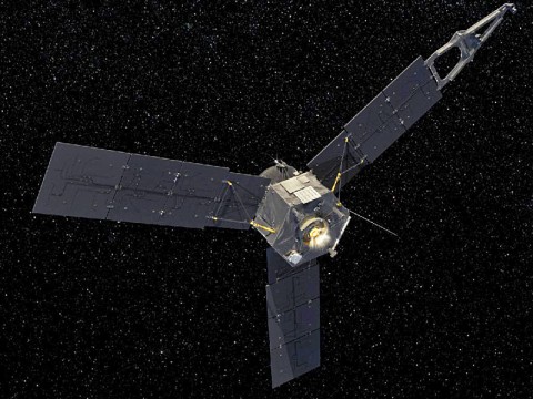 A computer-generated image depicts NASA's Juno spacecraft firing its main engine. (Image credit: NASA/JPL-Caltech) A computer-generated image depicts NASA's Juno spacecraft firing its main engine. (Image credit: NASA/JPL-Caltech)