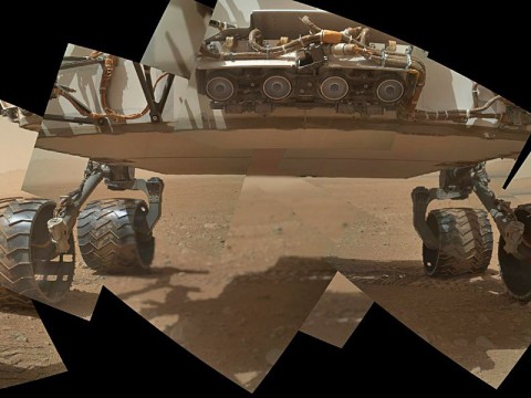 This view of the lower front and underbelly areas of NASA's Mars rover Curiosity combines nine images taken by the rover's Mars Hand Lens Imager (MAHLI) during the 34th Martian day, or sol, of Curiosity's work on Mars (Sept. 9, 2012). (Image credit: NASA/JPL-Caltech/Malin Space Science Systems Image credit: NASA/JPL-Caltech/Malin Space Science Systems)