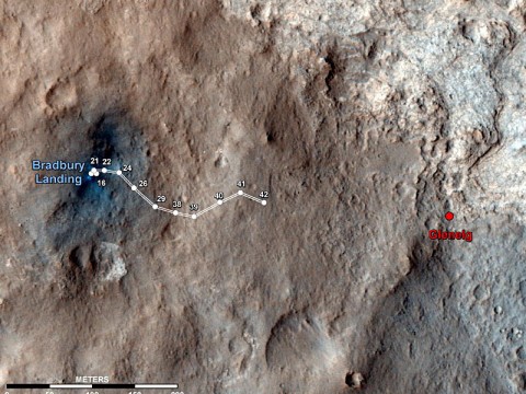 This map shows the route driven by NASA's Mars rover Curiosity through the 43rd Martian day, or sol, of the rover's mission on Mars (Septemer 19th, 2012). (Image credit: NASA/JPL-Caltech/Univ. of Arizona)