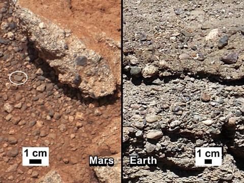 Rock Outcrops on Mars and Earth: This set of images compares the Link outcrop of rocks on Mars (left) with similar rocks seen on Earth (right). (Image credit: NASA/JPL-Caltech/MSSS and PSI)